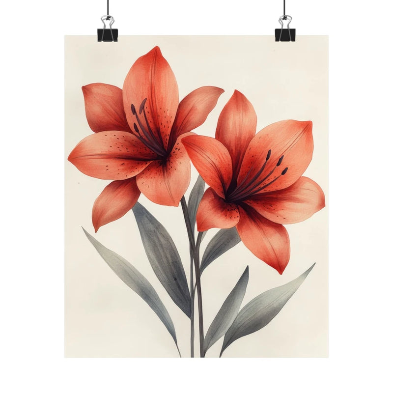 Floral art print poster with red lily flowers and botanical leaves