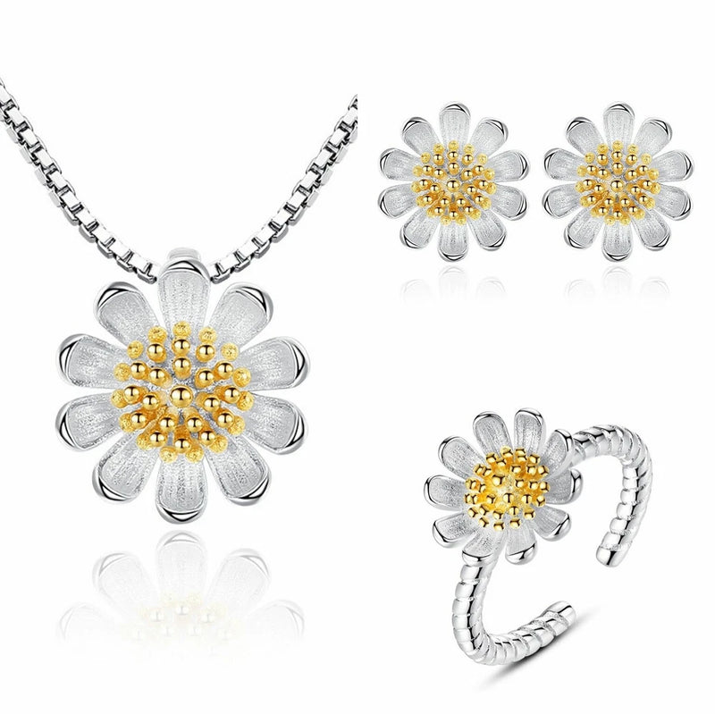 Women Sun Flower Pendant Necklace Stud Earrings Ring 925 Sterling Silver Sunflower