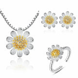 Women Sun Flower Pendant Necklace Stud Earrings Ring 925 Sterling Silver Sunflower
