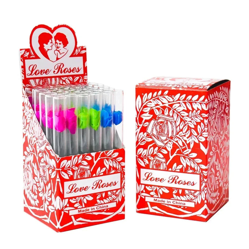 Glass tube set with colorful rose-tipped inserts in Love Roses gift box