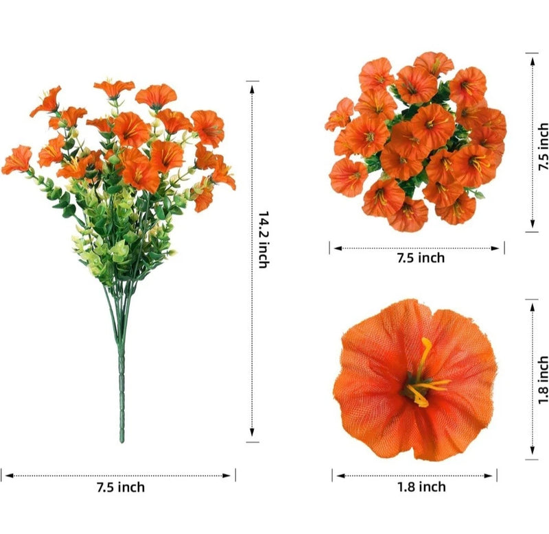 Artificial orange morning glory flower bunch with green leaves, 7.5 in length