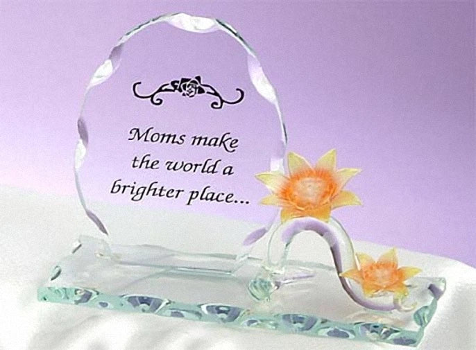 Sculpted glass mom plaque with yellow sunflower and inspirational quote, decorative base