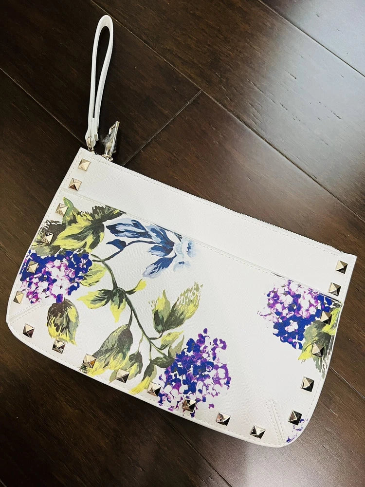 White House Black Market Floral Studded Clutch White with Purple Hydrangeas Hydrangea
