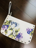 White House Black Market Floral Studded Clutch White with Purple Hydrangeas Hydrangea