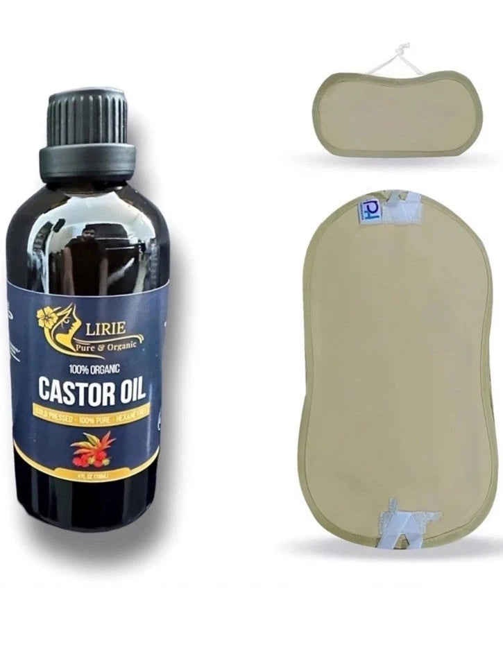 Castor oil pack set with LIRIE castor oil bottle and beige reusable compress pads