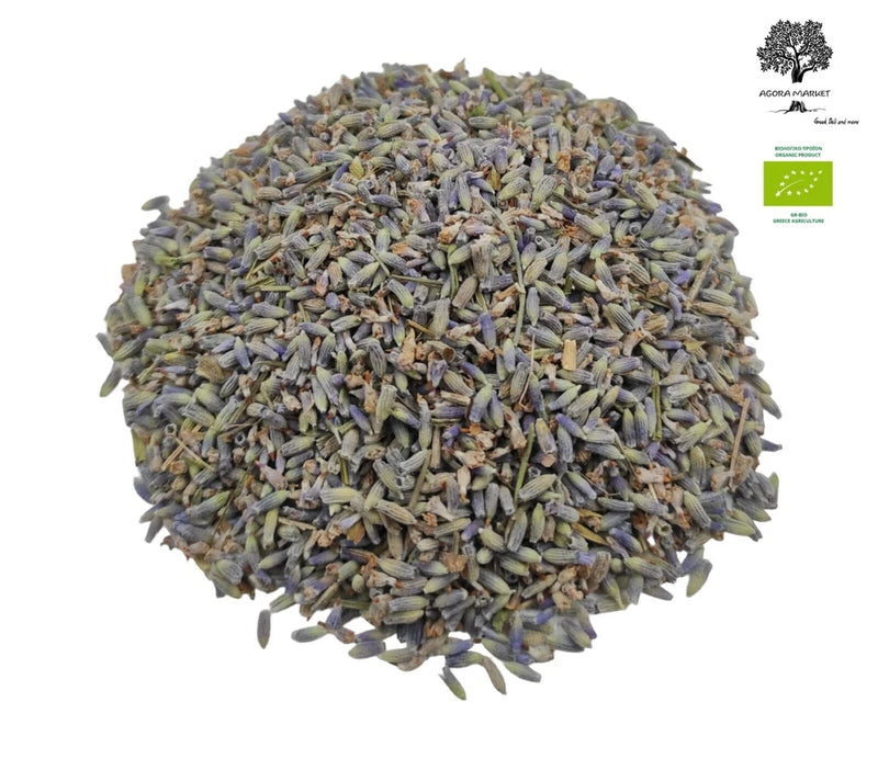 Dried lavender buds, loose and fragrant, purple-blue with green pieces