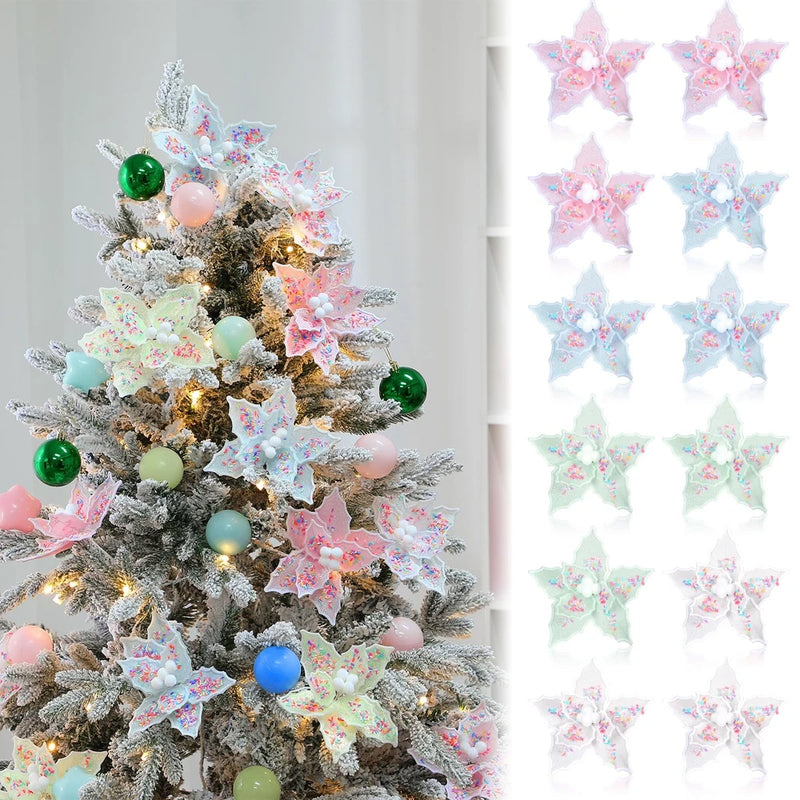 Artificial Christmas tree with pastel poinsettia flowers, multicolor ornaments and string lights