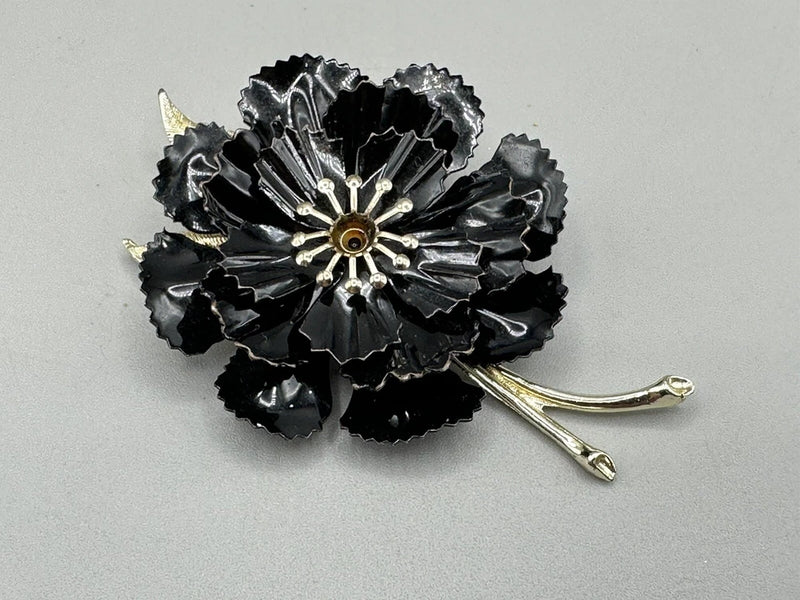 Vintage Signed Coro Black Carnation Flower Brooch Silver tone 3 1/2inÓ CUTE Carnation