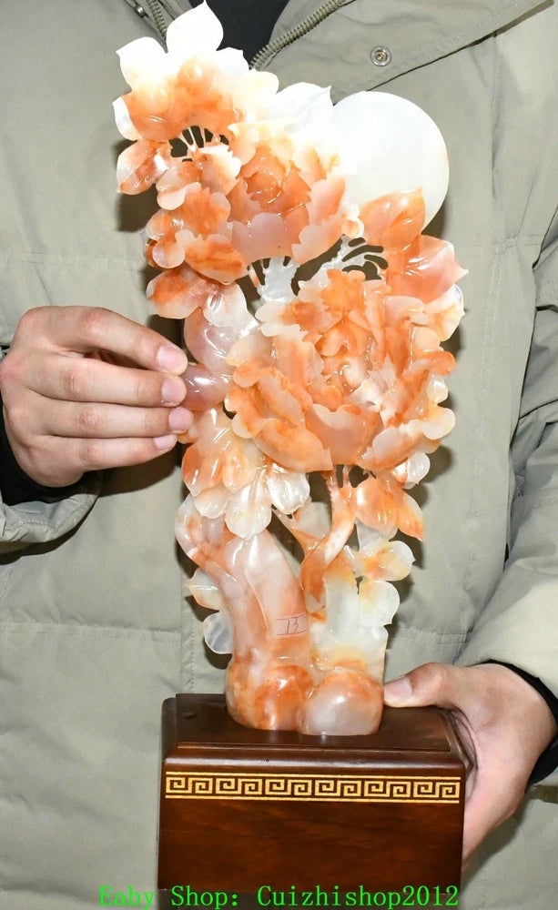 Peony flower jade carving statue with peach and white blossoms on dark gold base