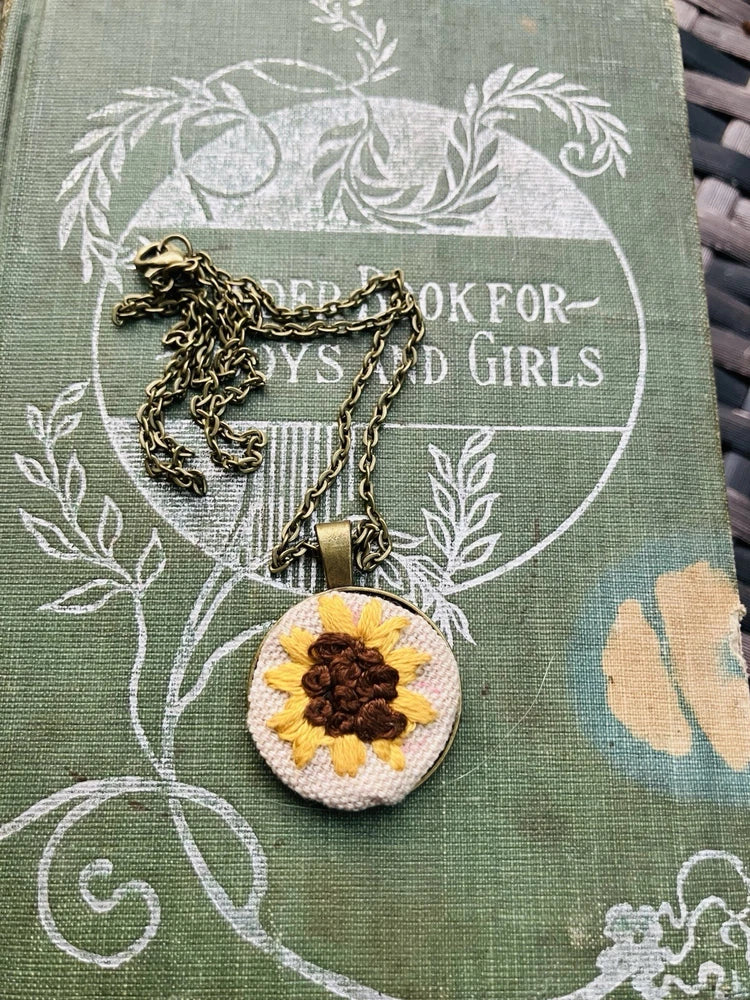 Hand Embroidered Sunflower Pendant Necklace Sunflower