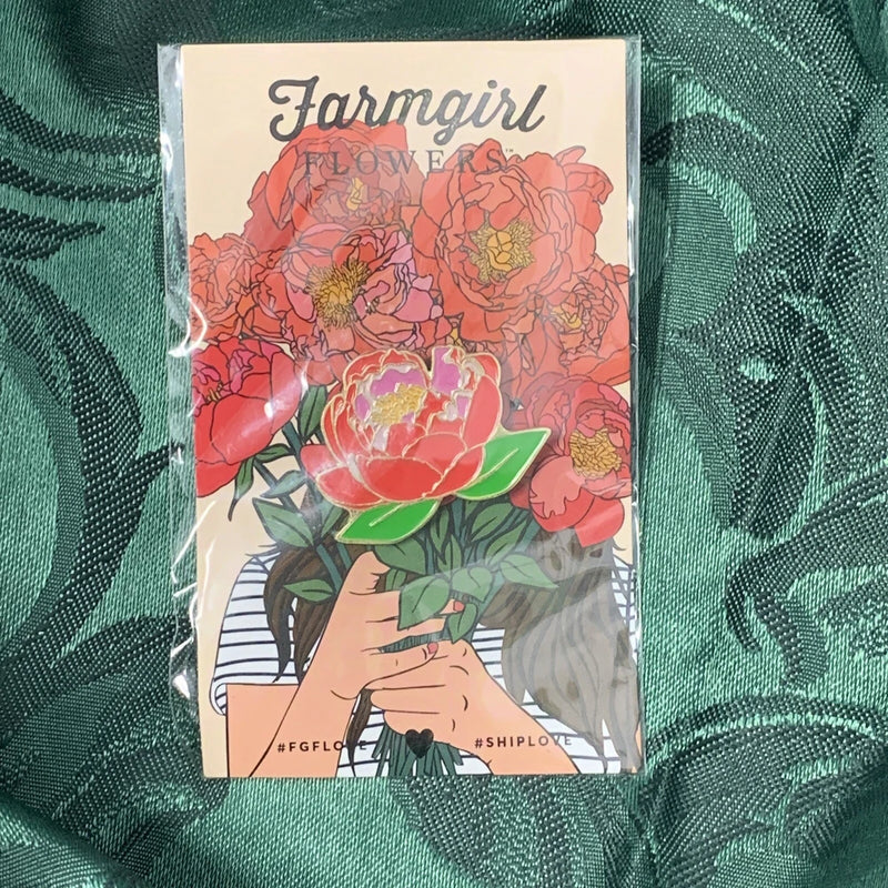 Farmgirl Flowers Jewelry Red And Pink Peony Flower Enamel Brooch/Pin Peony