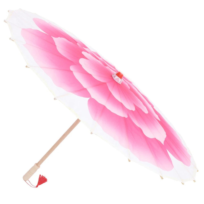 Peony oil-paper umbrella with pink flower canopy, bamboo handle and red tassel