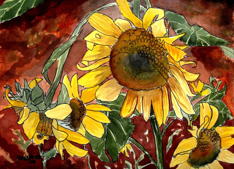 Sunflower watercolor art print with yellow blossoms, green leaves, and dark centers