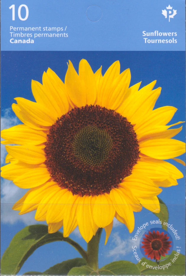 Sunflower commemorative stamp sheet with Canada text, yellow flower and green leaves