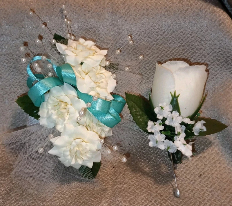 NEW 6" Artificial Ivory Rose Wrist Corsage & Matching Bout, Pearls, Turquoise Bouquet