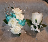 NEW 6" Artificial Ivory Rose Wrist Corsage & Matching Bout, Pearls, Turquoise Bouquet