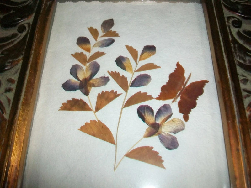 Ornate carved wood photo frame with pressed dried violet flower art, 5x7 size