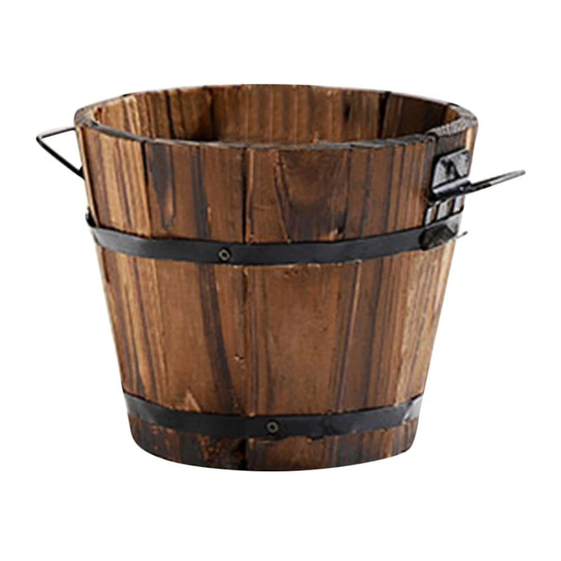 Small round wooden barrel planter with black metal hoops and two side handles