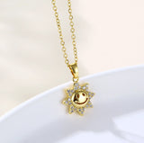 Gold Titanium Flower Sunflower Happy Smile Face Pave CZ Pendant Chain Necklace Sunflower