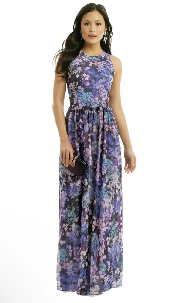 Shoshanna Hydrangea Maxi Dress Purple Blue Size 2 Sleeveless Spring Lined Pocket Hydrangea