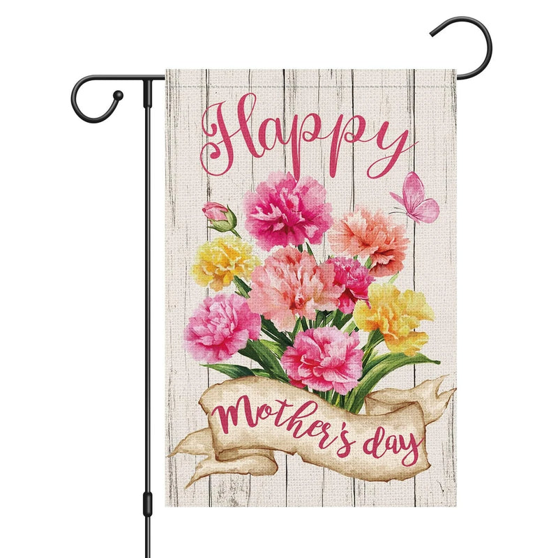 Happy Mothers Day Garden Flag Carnation Flowers Double Sided Burlap 12x18 inches Carnation