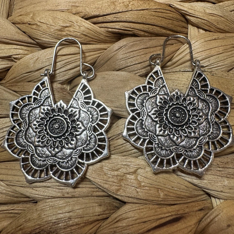 Earrings Mandala Lotus Flower Sunflower Silver Tone Sunflower
