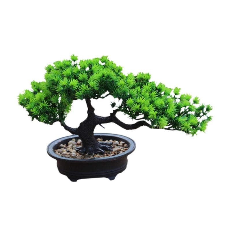 Artificial bonsai tree with green foliage in dark pot