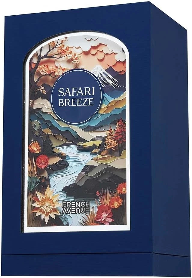 Blue perfume gift box with front insert featuring Safari Breeze artwork