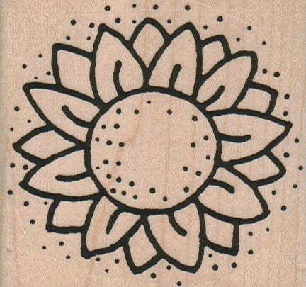 Sunflower rubber stamp with bold outline, dotted center and multiple layered petals