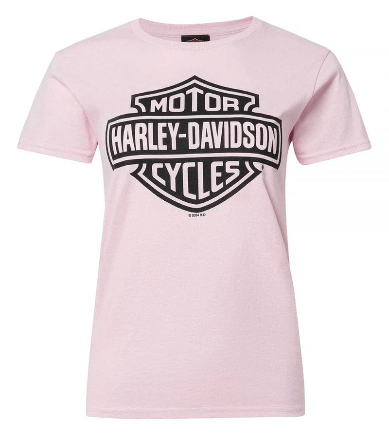 Women’s pink crew-neck short-sleeve T-shirt with Harley-Davidson bar-and-shield logo