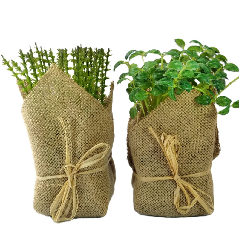 2 Pcs Small Artificial Plants Wrapped in Burlap Farmhouse Green Cottage 6.5-7" T Green Plant