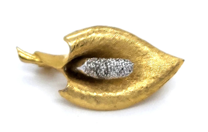 Vintage Peace Lily Calla Lily Rhinestone Flower Brooch Pin Gold Tone Lily