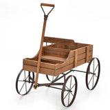 Garden Plant Planter Wooden Wagon Planter with Wheel Garden Yard Brown Garden Plants