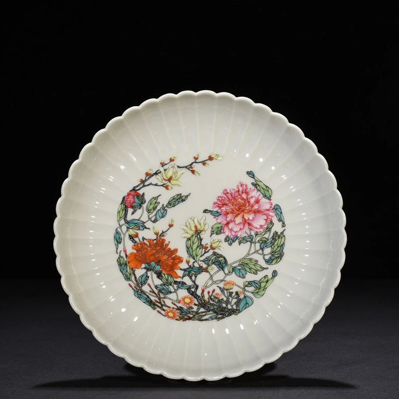 7.1" Old qing dynasty yongzheng mark Porcelain peony flowers piants lace plate Peony
