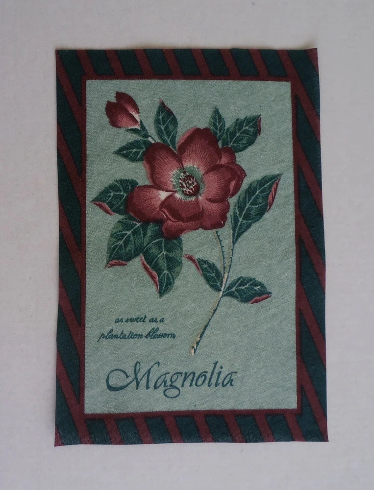 Fabric Cotton Square - Picture Size 4" x 6 1/4" of Dark Pink Magnolia Blossoms Flowering Plants