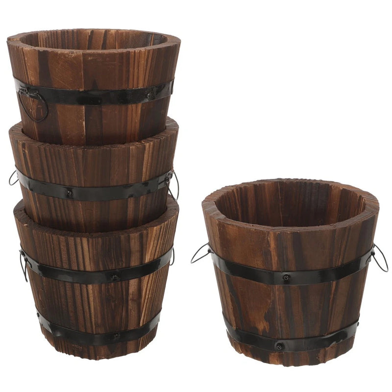 4 Pcs Small Wood Planter Pot Barrel Planter Garden Vegetable Pot for Patio Garden Plants