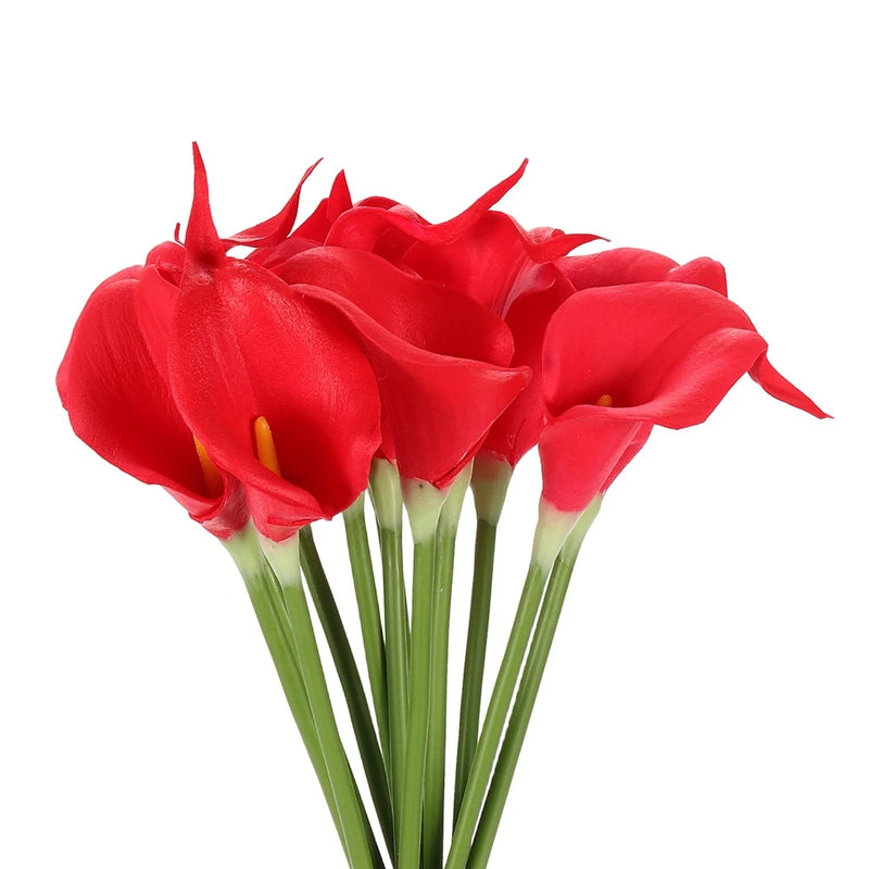 Artificial red calla lily flowers with green stems, lifelike petals