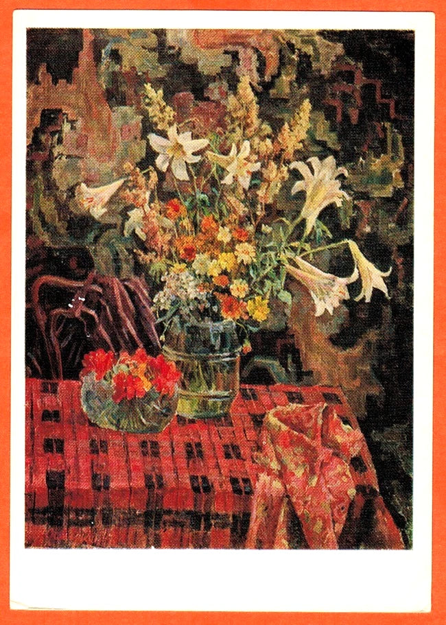 Floral still-life postcard with lilies and nasturtiums in a vase, colorful artwork
