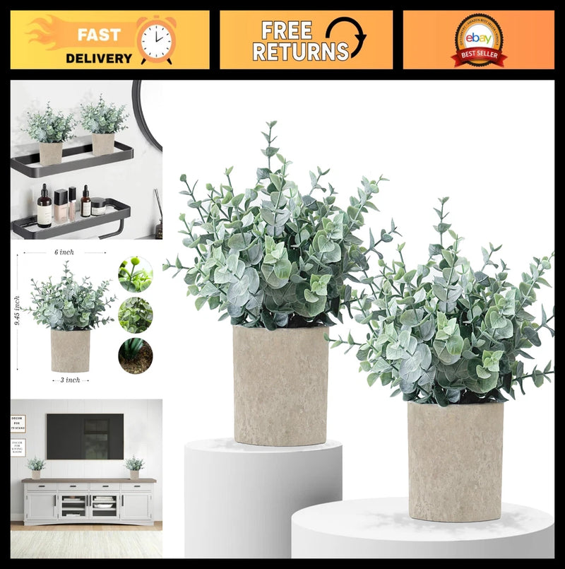 2 Pack Eucalyptus Fake Plants - Small Potted Artificial Greenery for Home Decor, Green Plant