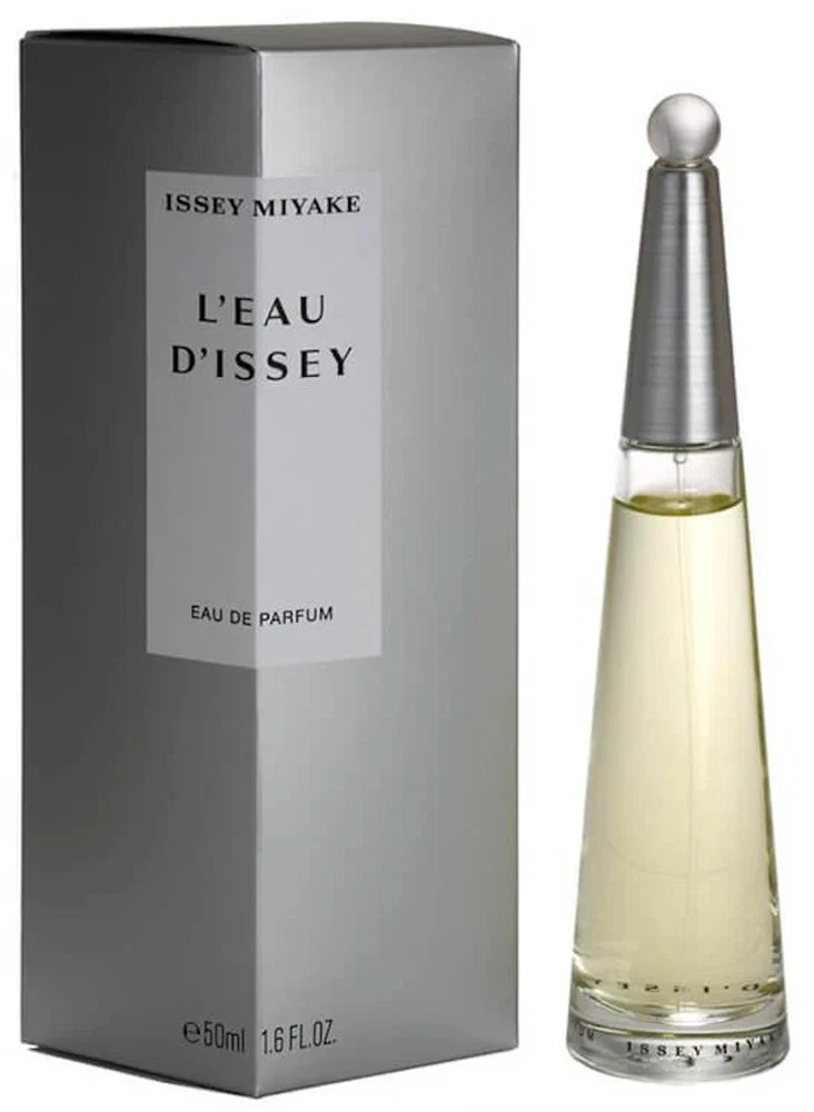 Issey Miyake perfume set: dark box and tall glass bottle with silver cap, pale liquid