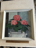 Antique Vtg Framed Watercolor Painting Pot of Red Hydrangea Flowers Still Life Hydrangea