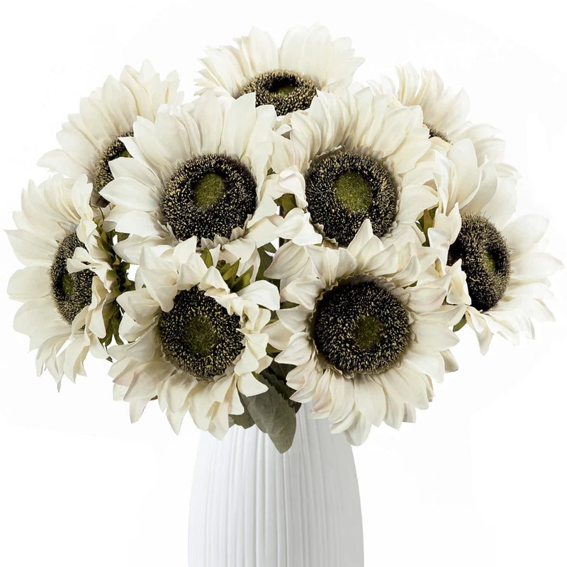 Artificial sunflower bouquet with cream-white blooms and dark centers in white vase