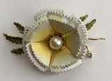 Vintage Metal Flower Brooch White Yellow Enamel Large Faux Pearl Peony Camellia Peony