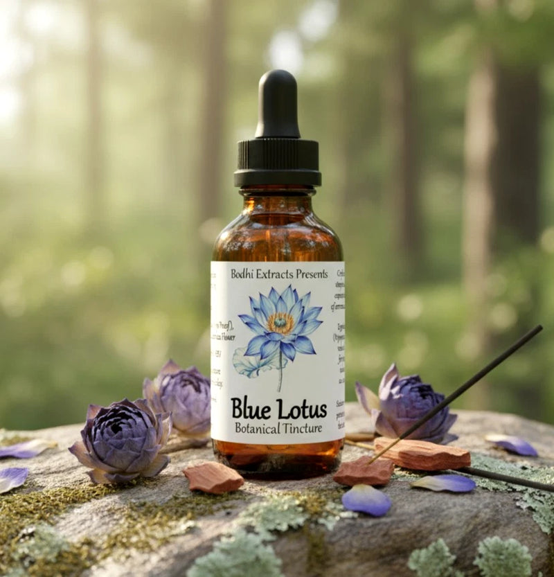 Amber glass tincture bottle with dropper, Blue Lotus label and botanical plant illustration