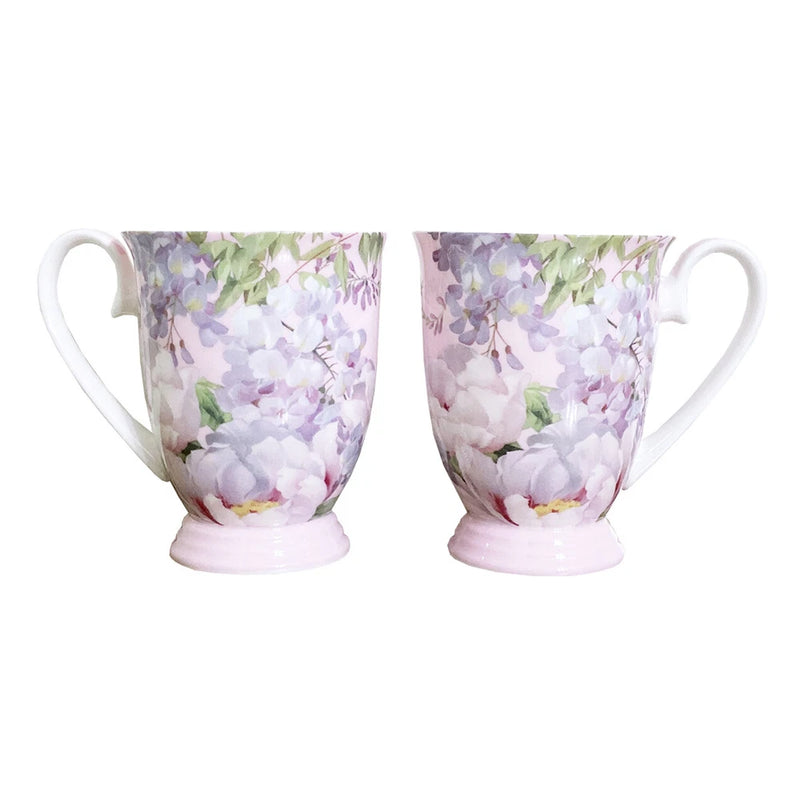 Pink Hydrangea Coffee Cup Mug Set of 2 Footed Stechcol Gracie Bone China Flower Hydrangea