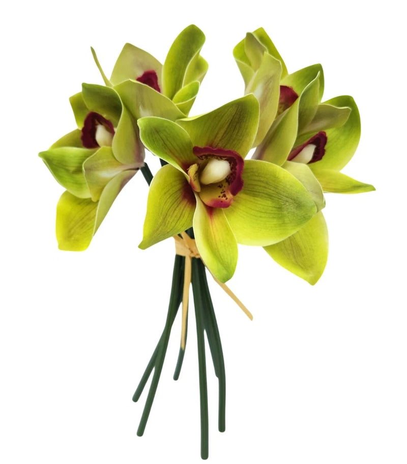 Artificial Green Cymbidium Orchid Stems Set of 5 Real Touch Faux Flowers Decor Green Plant