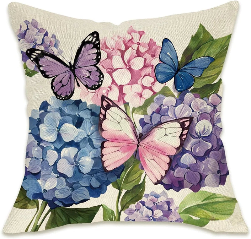Spring Summer Hydrangea Decorative Throw Pillow Cover 20 X 20, Flower Butterfly Hydrangea