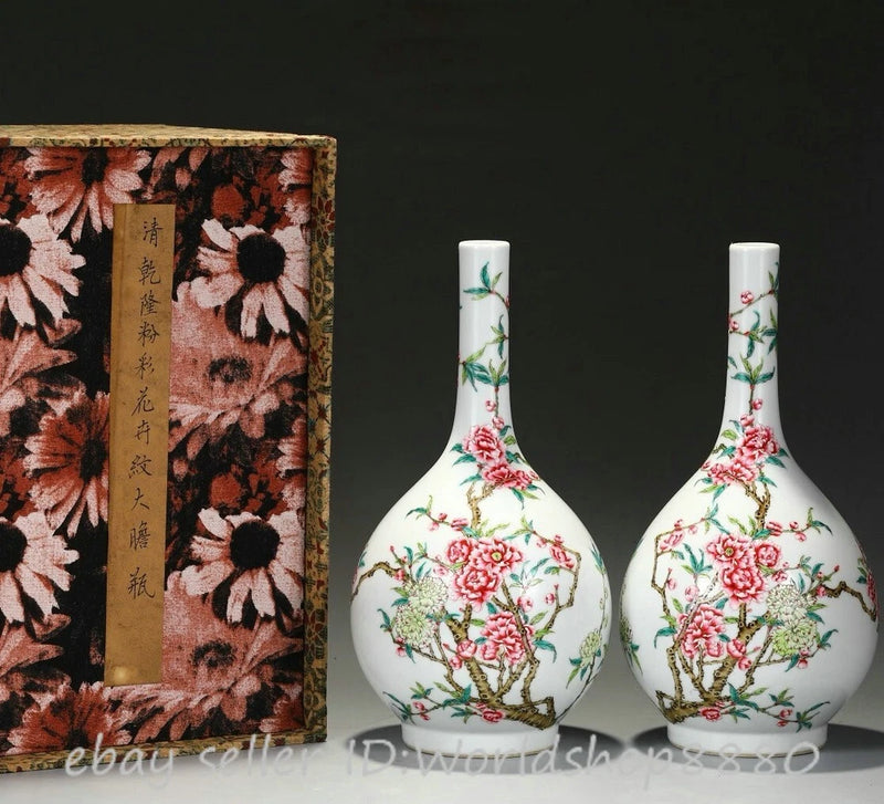Porcelain bottle vase pair with pastel peony and floral branch designs