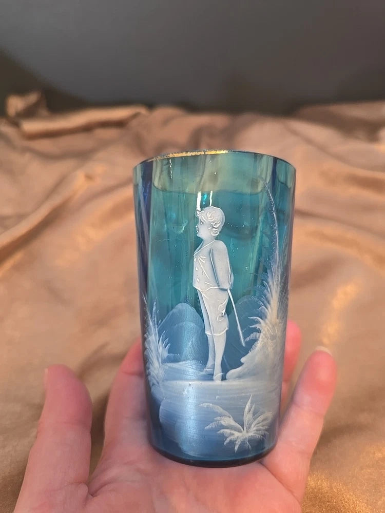 Vtg Mary Gregory Teal Blue Glass Tumbler Boy In Knickers And Pampas Grass Read Pampas Grass