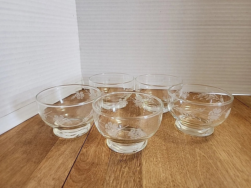Clear glass footed dessert dishes, etched floral carnation pattern set of 4